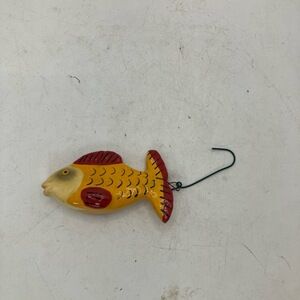 Fish Ornament Decorative Item Yellow Red Ceramic Wire Loop Coastal Folk‎ Art